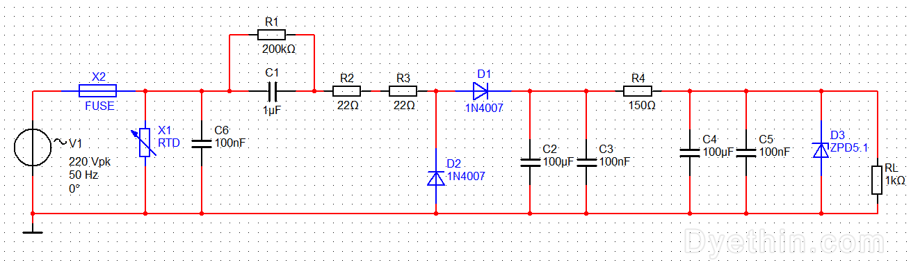 Low cost resistance capacitance step-down circuit 220V to 5V