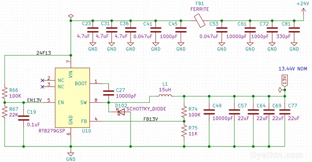 The switch regulator (RT8279) reduces the voltage rail to a specific voltage, allowing for linear driving of LEDs from the new rail