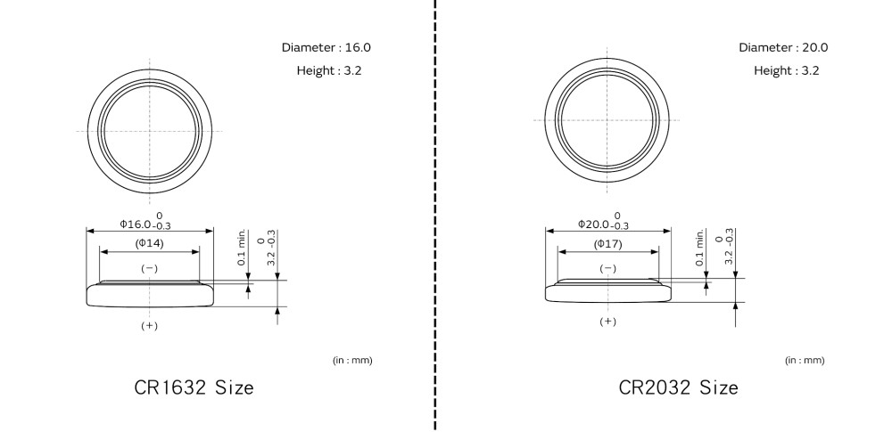 CR1632 battery vs CR2032 battery Size