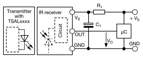 TSOP57238TT1 application circuit with decoupling capacitor and pull-up resistor for stable infrared signal reception TSOP57238TT1 application circuit with decoupling capacitor and pull-up resistor for stable infrared signal reception