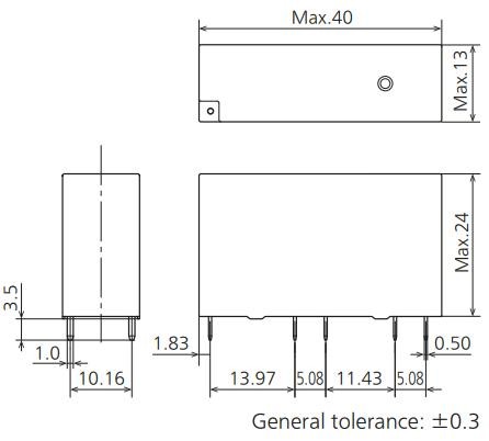 SFS3-DC12V relay external dimensions showing slim 13 mm width and 24 mm height SFS3-DC12V relay external dimensions showing slim 13 mm width and 24 mm height