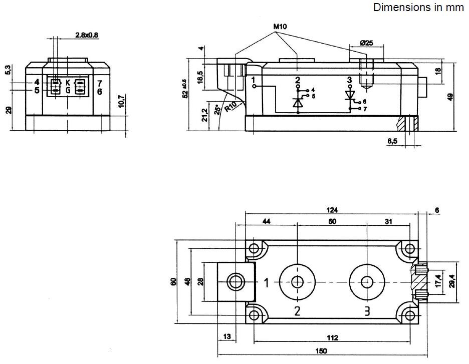 Mechanical dimension drawing of the SKKT430/16E thyristor/diode module in SEMIPACK® 5 Case A 60a housing, showing length, width, and height in millimeters. Mechanical dimension drawing of the SKKT430/16E thyristor/diode module in SEMIPACK® 5 Case A 60a housing, showing length, width, and height in millimeters.