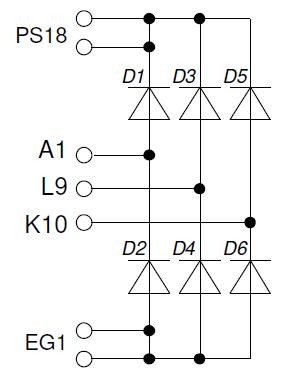 Equivalent circuit diagram of VUO122-12NO7 rectifier module showing six diodes in a three-phase bridge configuration. Equivalent circuit diagram of VUO122-12NO7 rectifier module showing six diodes in a three-phase bridge configuration.